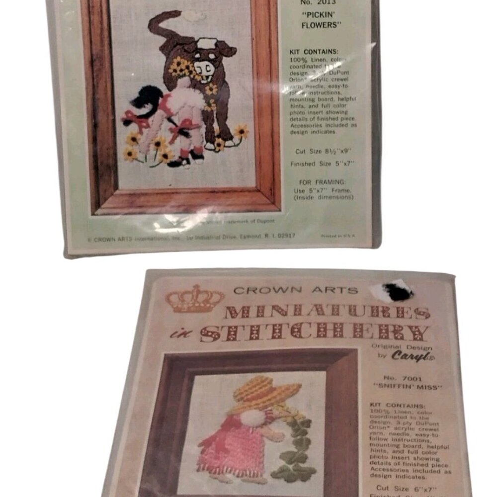 Crown Arts Needlework Crewel Kit Pair Fun Time Pickin Flowers and Sniffin Miss